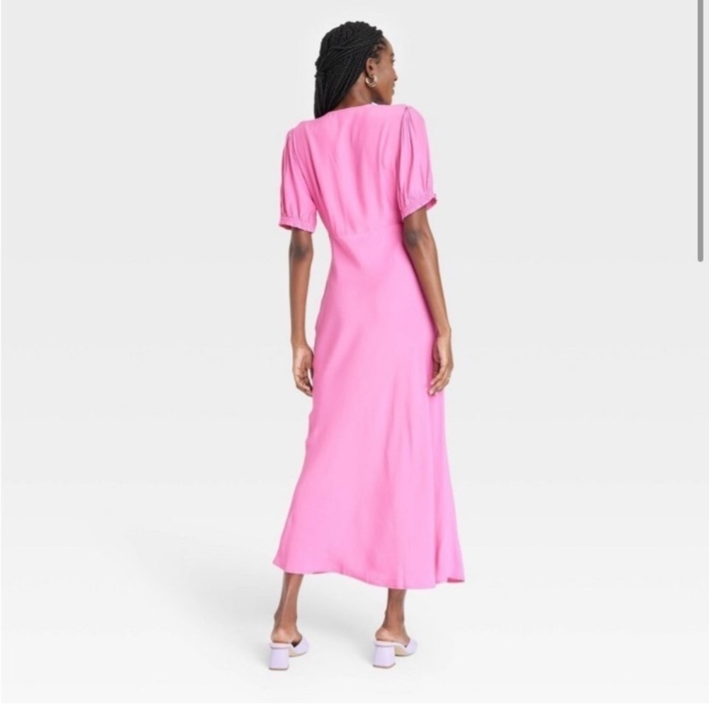 A NEW DAY • Pink Puff Short Sleeve Elegant V-Neck Dress - Picture 4 of 8